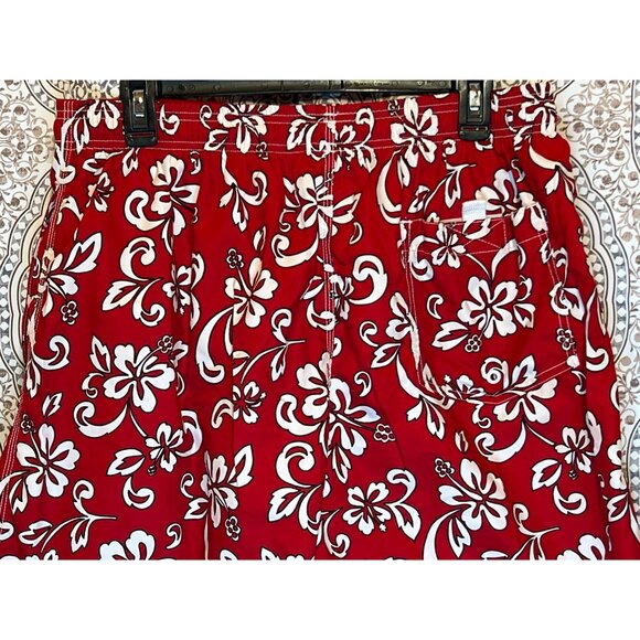 Mens XL Red Hawaiian Floral Swim Trunks With Drawstring & Elastic Waist - Picture 5 of 10